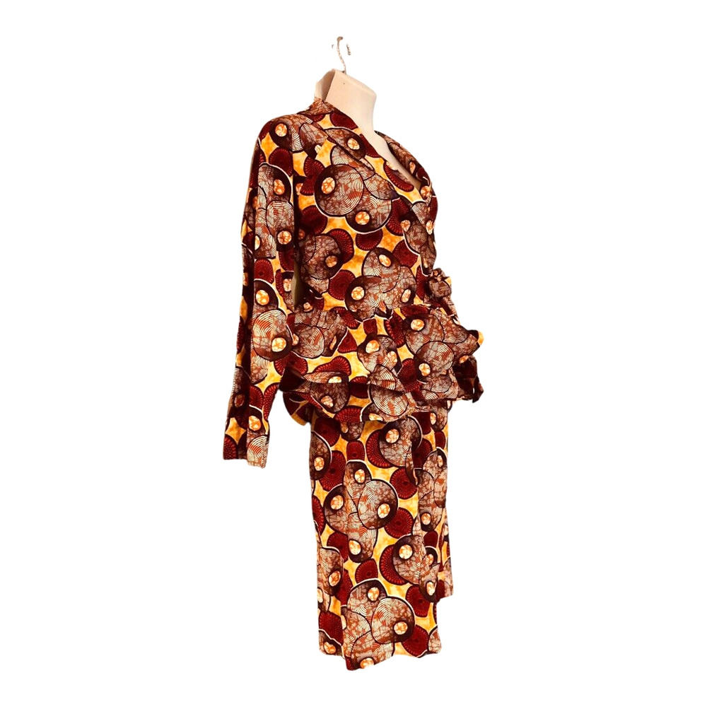 Ashro 100% Cotton African Print Double Peplum Wrap Ruffle Skirt Set Church Suit - Picture 4 of 16